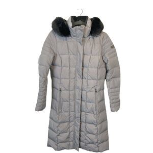 Calvin Klein Puffer Coat Womens Gray Long Sleeve Faux Fur Trim Down Fill Sz S